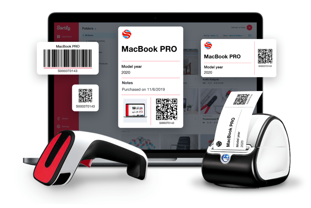 An inventory app being used on a laptop shows barcodes and QR codes being created, scanned and printed.