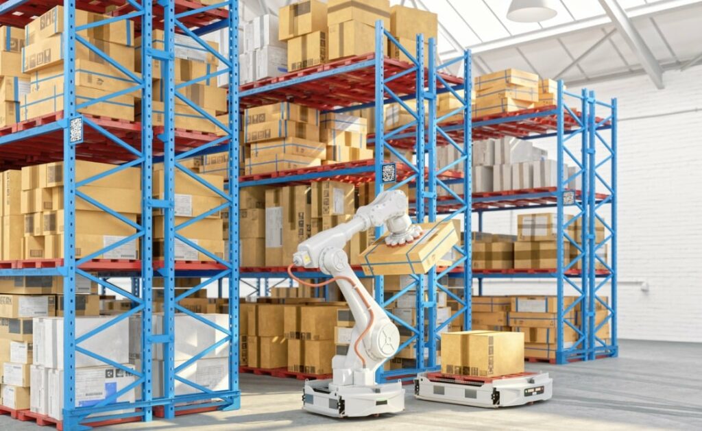 A robot assists with warehouse management.